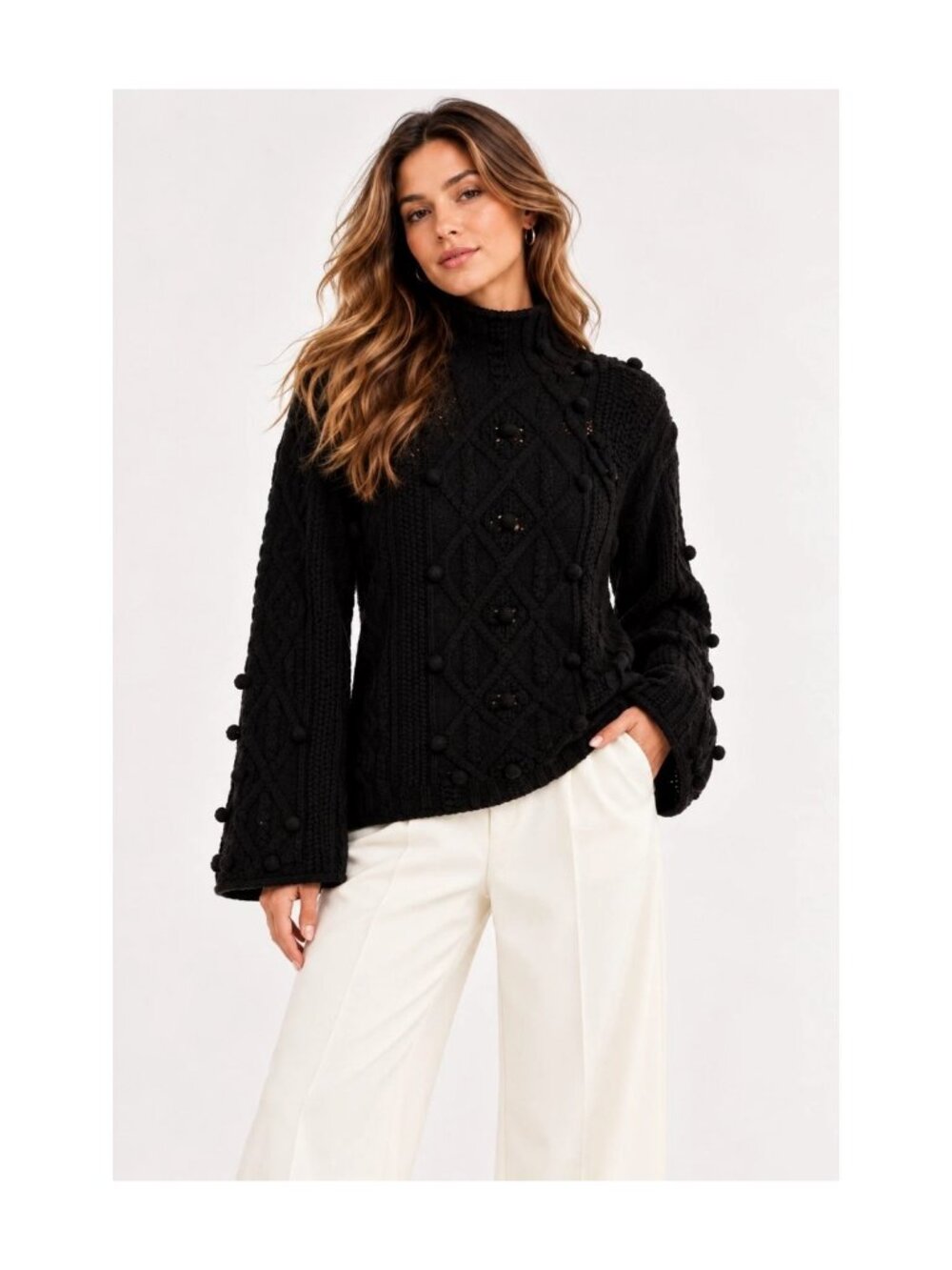 Rebecca Taylor Bauble Turtleneck Sweater S Black Cable Knit Pom Pom Wool Blend
